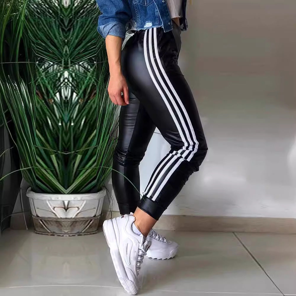 Women's Fashion New PU Side Ribbon Stitching Casual Trousers