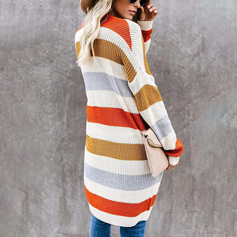 New Autumn And Winter Long Color-blocking Pocket Knitted Cardigan