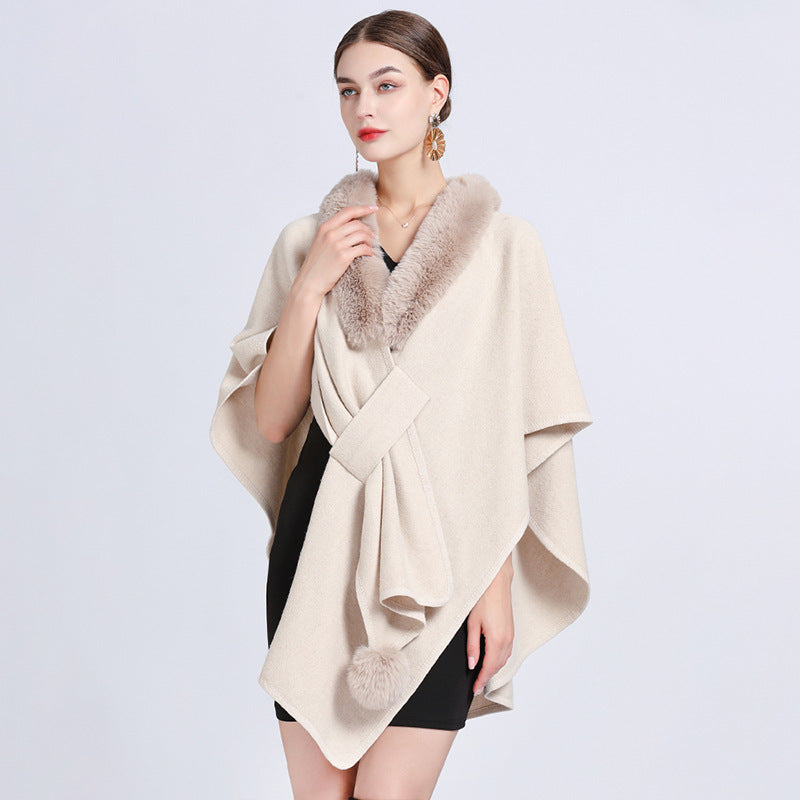 Imitation Rex Rabbit Fur Collar Cape And Shawl Female Loose Knitted Cardigan