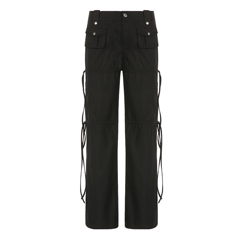 High Street Pocket Ribbon Stitching Straight Black Woven Pants