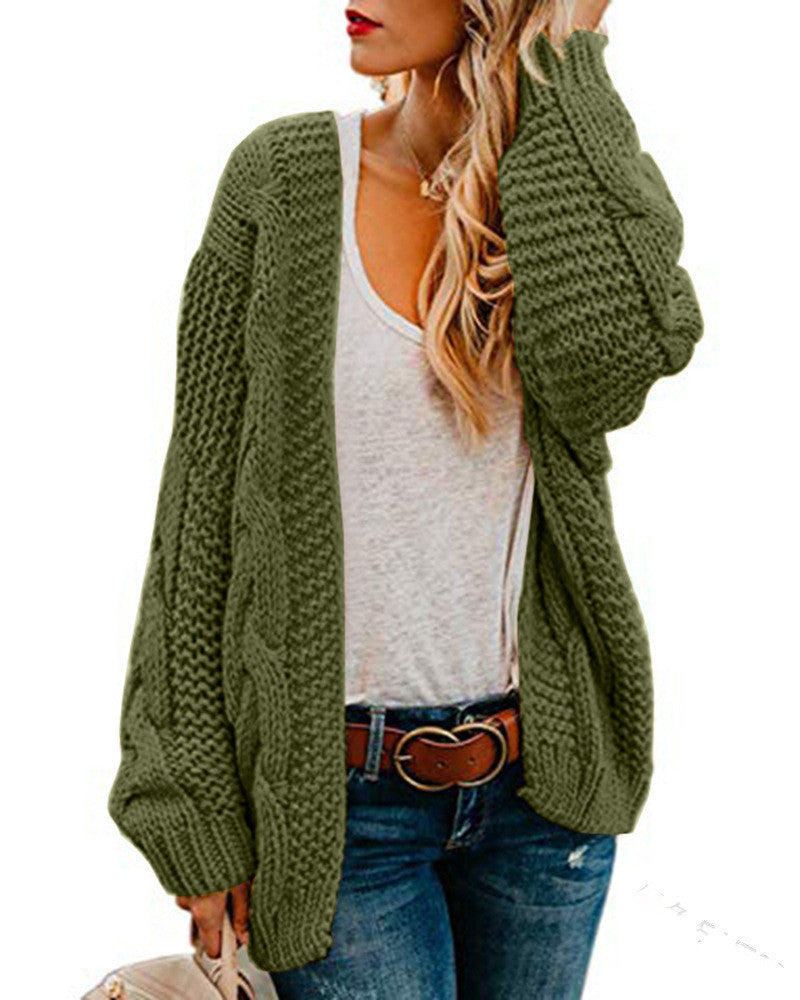 Women's Solid Color Thick Needle Loose Plus Size Knitwear Sweater Twist Cardigan