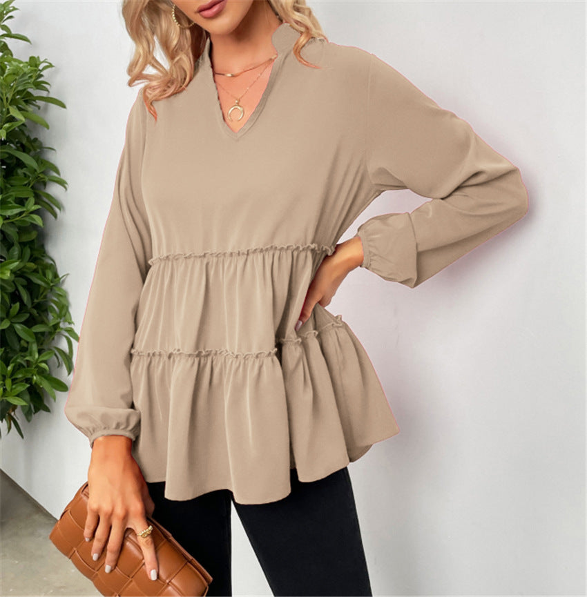 Solid Color And V-neck Ruffled Hem Shirt