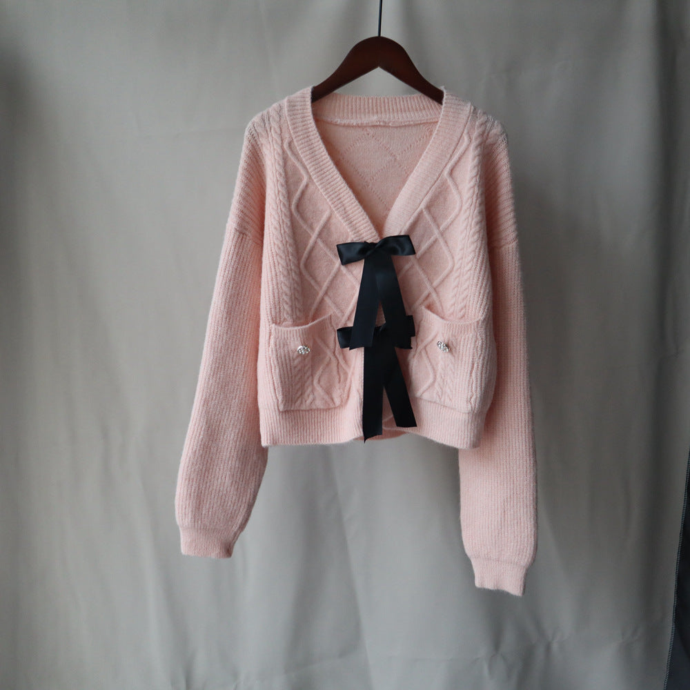 Autumn And Winter New Bow Design Knitted Cardigan