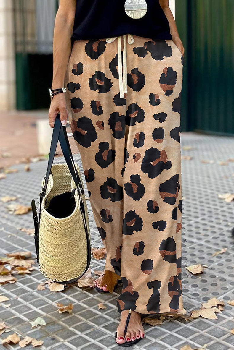 Leopard Print Wide-leg Pants Women's European And American Personalized Drawstring