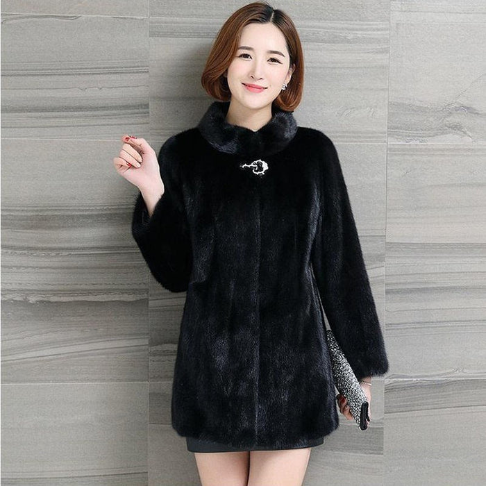 Women's Mink Coat Stand-up Collar Fur Mid-length Casual Slim