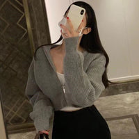 Soft Lapel Double Zipper Loose Long Sleeve Knitted Sweater For Women