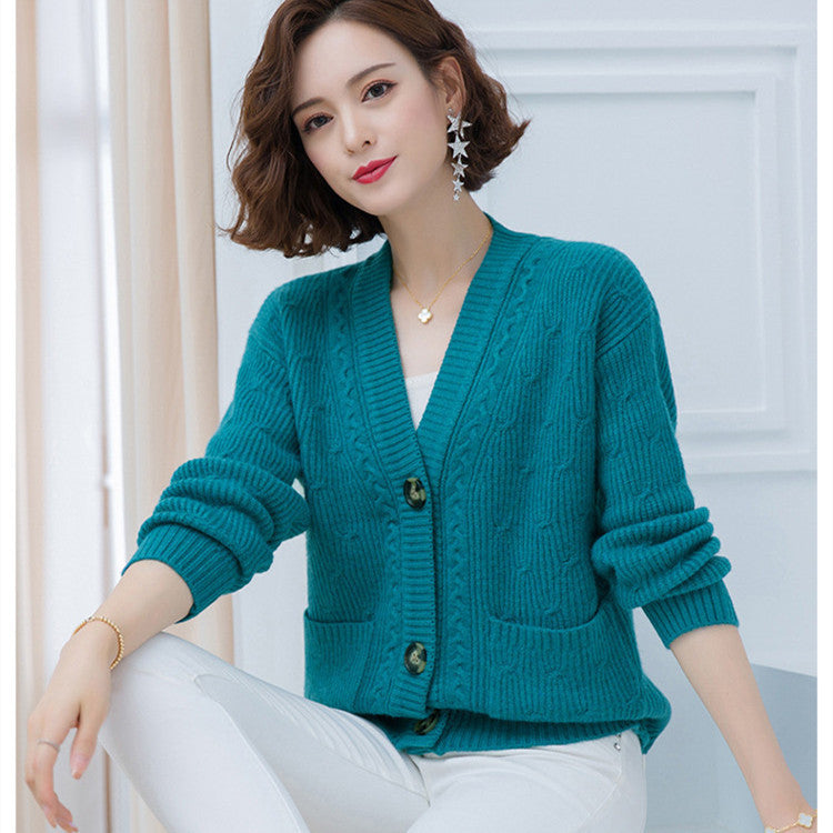 Wool Knit Cardigan Long Sleeve V-Neck Cropped