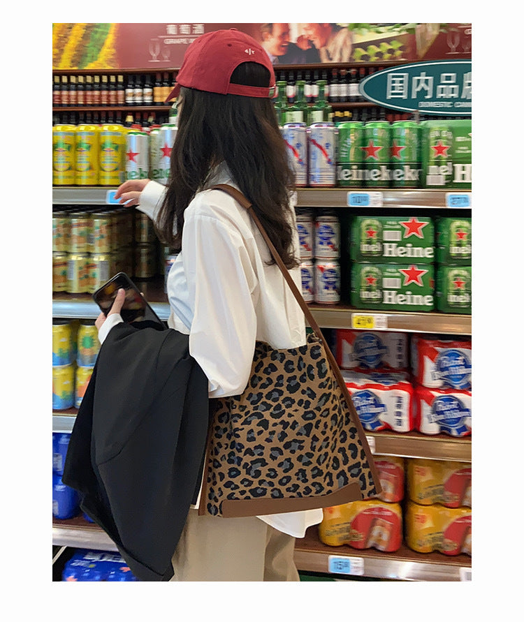 Fashion Leopard Print Canvas Single Shoulder Bag Net