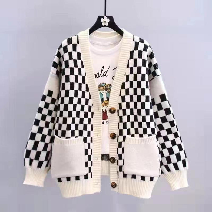 Chessboard Plaid Sweater Knitted Cardigan New Japanese Lazy Style Loose Top Coat