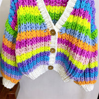 Hand-woven Rainbow Color-blocking Sweater Cardigan For Women