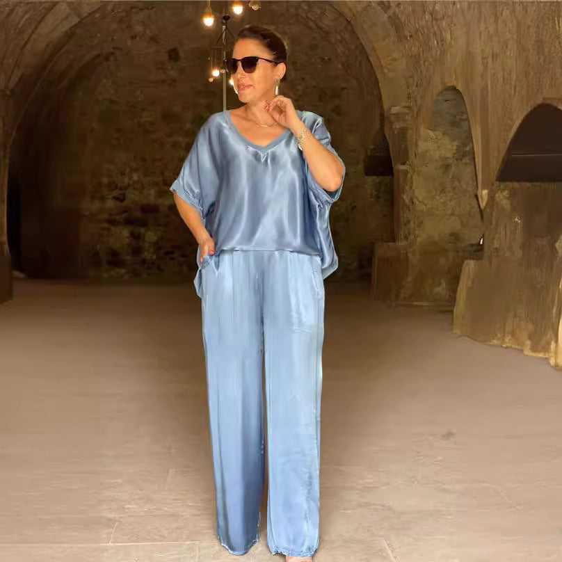 Casual V-neck Short Sleeve Wide Leg Pants Suit