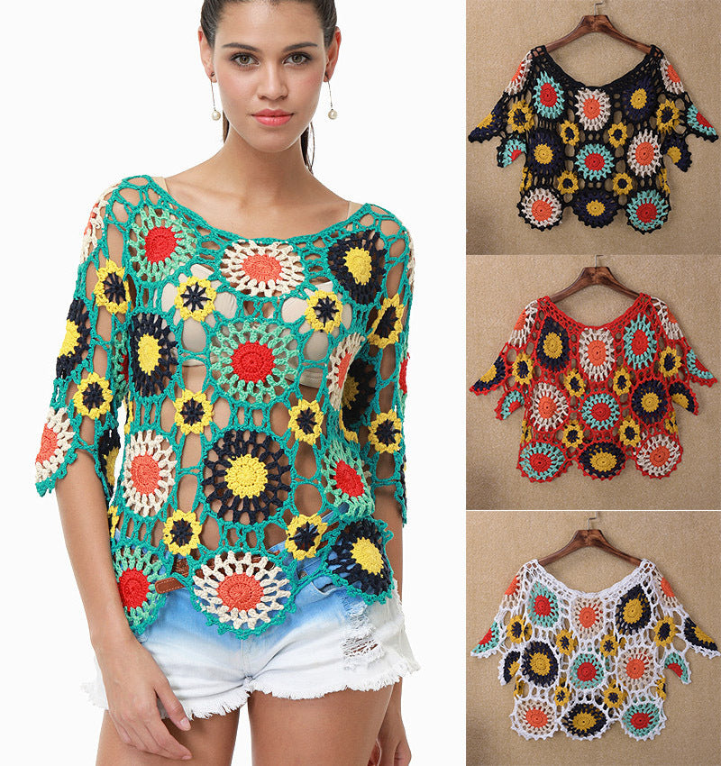 European And American Handmade Crochet Hollow-out Beach Cover-up Hand Crocheting Three-quarter Sleeve Crocheted Top