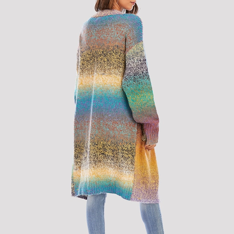 Knitted Sweater Loose Rainbow Long Coat Wool Cardigan