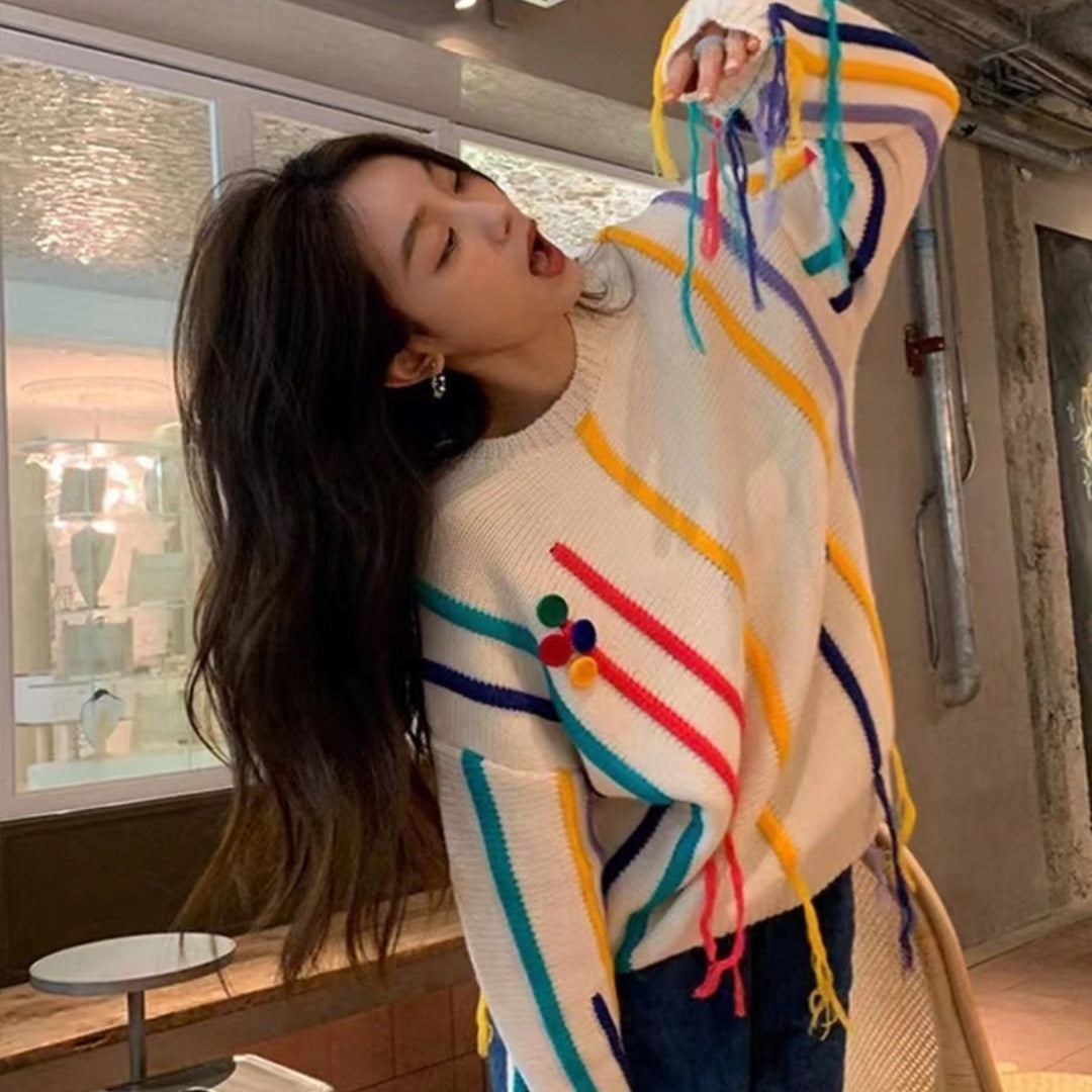 Fringed Sweater Design Colorful Striped Sweater For Women