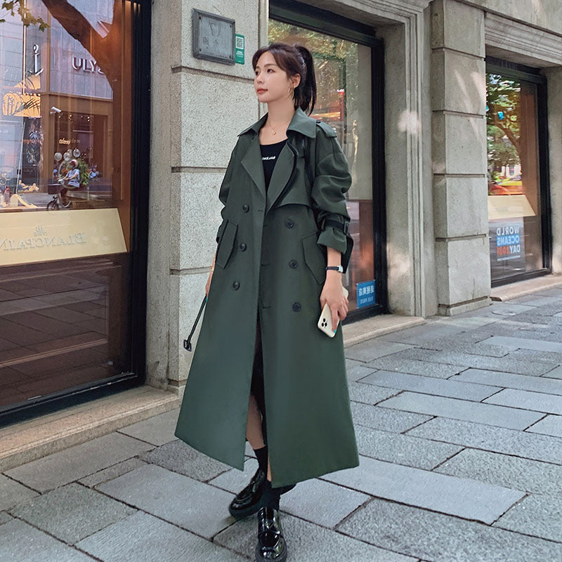 Mid-length Vintage Coat Military Green Double-breasted Trench Coat