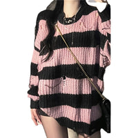 Trendy Sweet Girl Hollow Hole Striped Loose Top