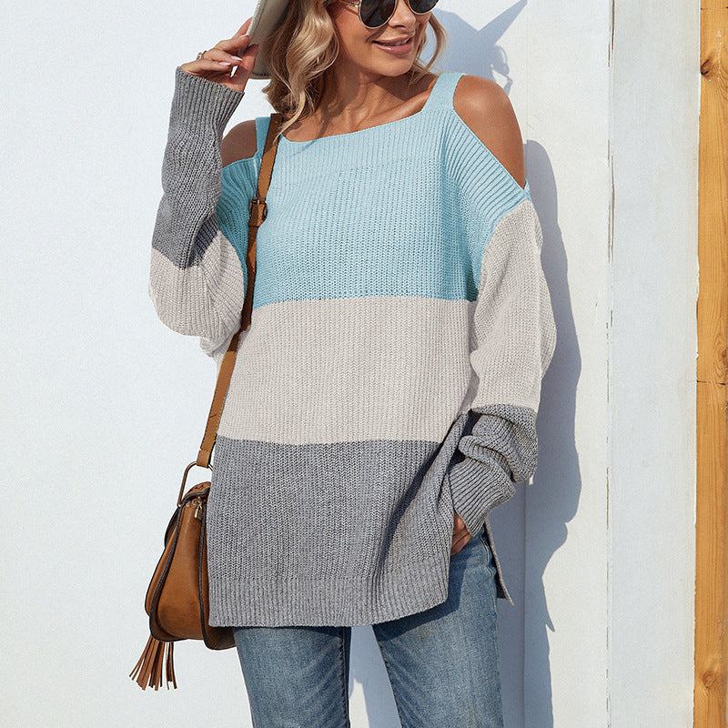 Contrast Color Off-the-shoulder Split Sling Sweater