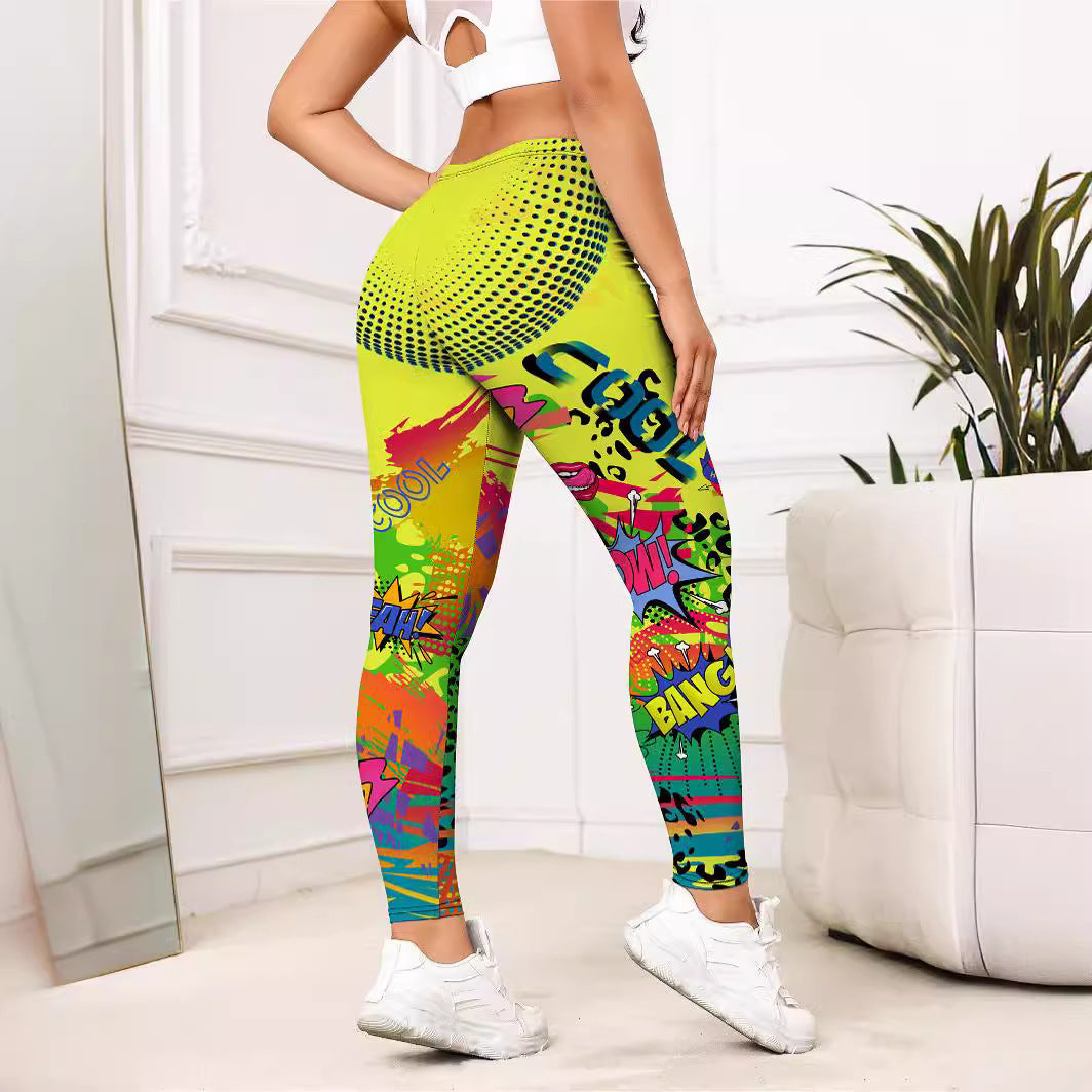 Yellow Cartoon Printed Sports Slim-fitting Leggings