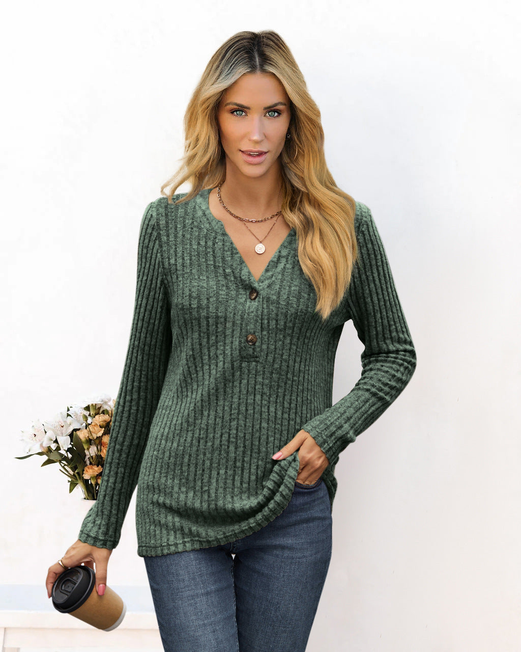 Solid Color And V-neck Long Sleeve T-shirt