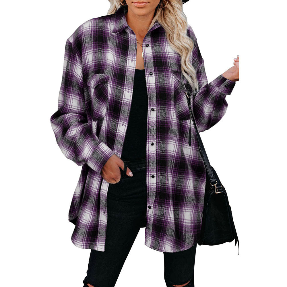 Plaid Shirt Women Spring Mid-length Loose Blouse Turndown Collar Shirt Clothing