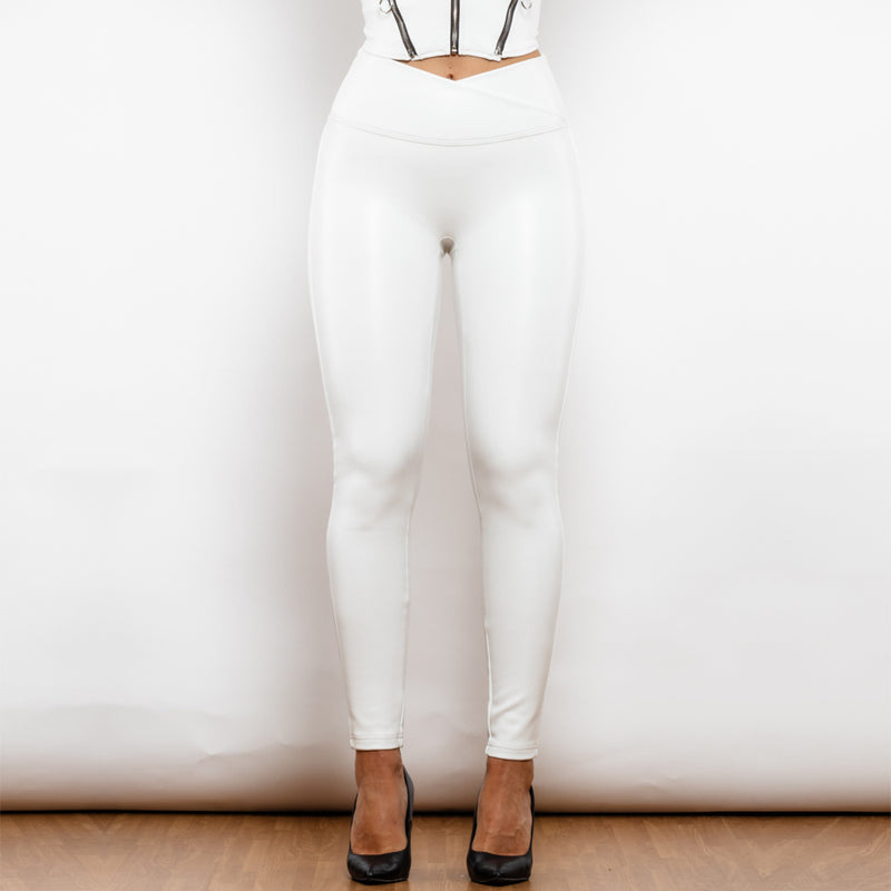 Shascullfites Melody X Cross Solid White High Waist Leather V Shape Leggings Leather Pants X Cross Pants Leather Leggings