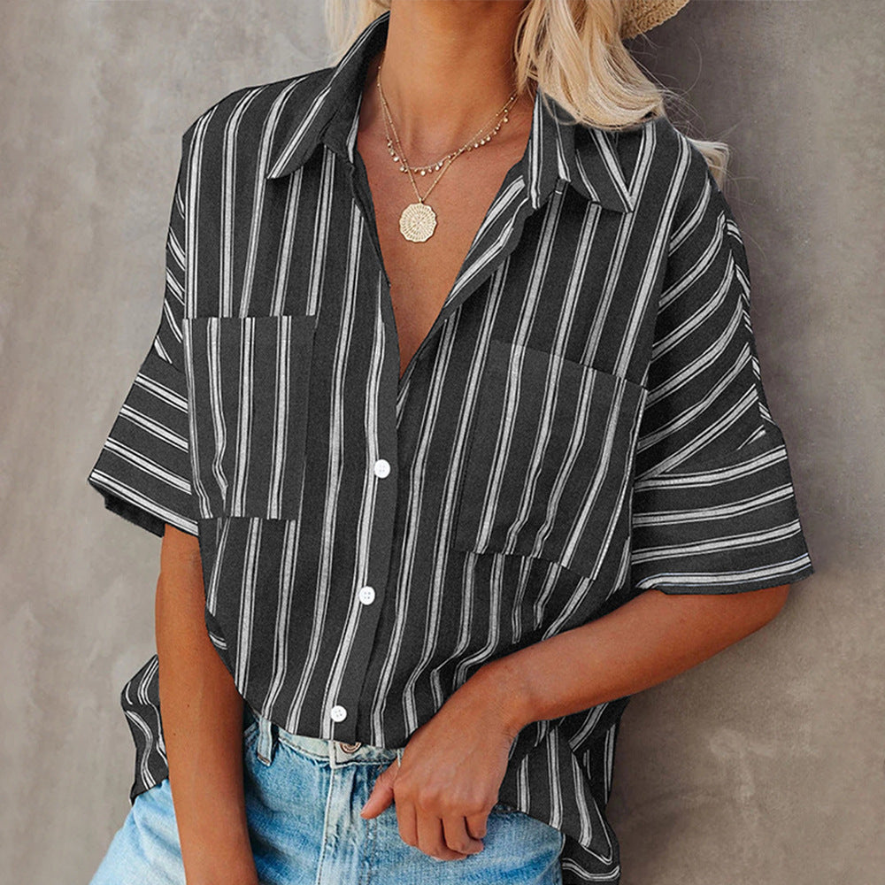 Women's Striped Lapel Short Sleeve Cardigan Single Breasted Casual Shirt