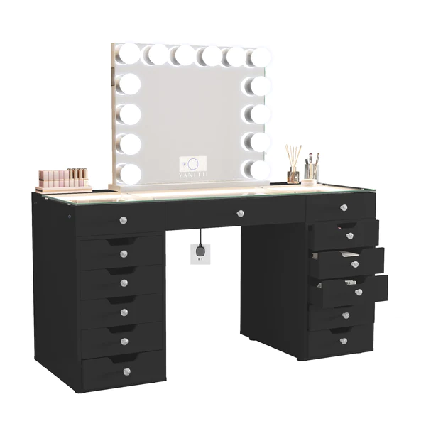 Eva Vanity Desk - 13 Storage Drawers -Black