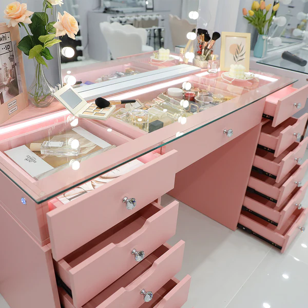 Eva Vanity Desk - 13 Storage Drawers - Pink