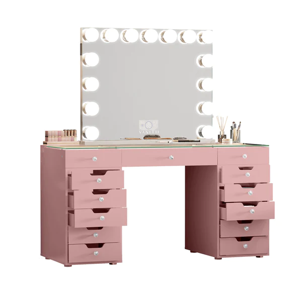 Eva Vanity Desk - 13 Storage Drawers - Pink