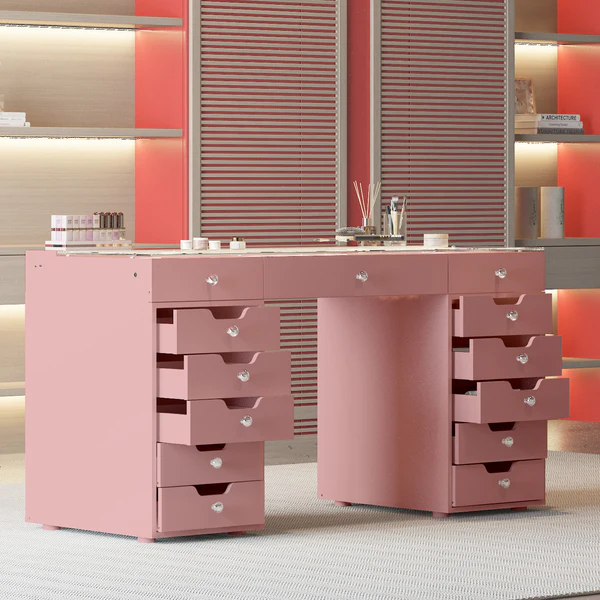 Eva Vanity Desk - 13 Storage Drawers - Pink