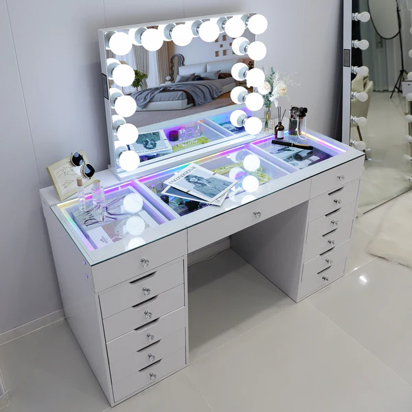 Eva Vanity Desk - 13 Storage Drawers with Full Light & RGB