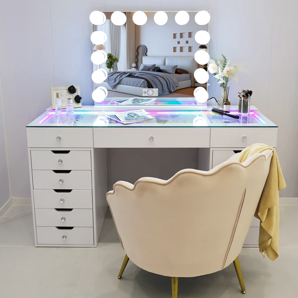 Eva Vanity Desk - 13 Storage Drawers with Full Light & RGB