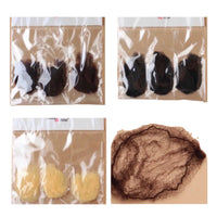 Four images showing hair extensions and a sample on a beige background.