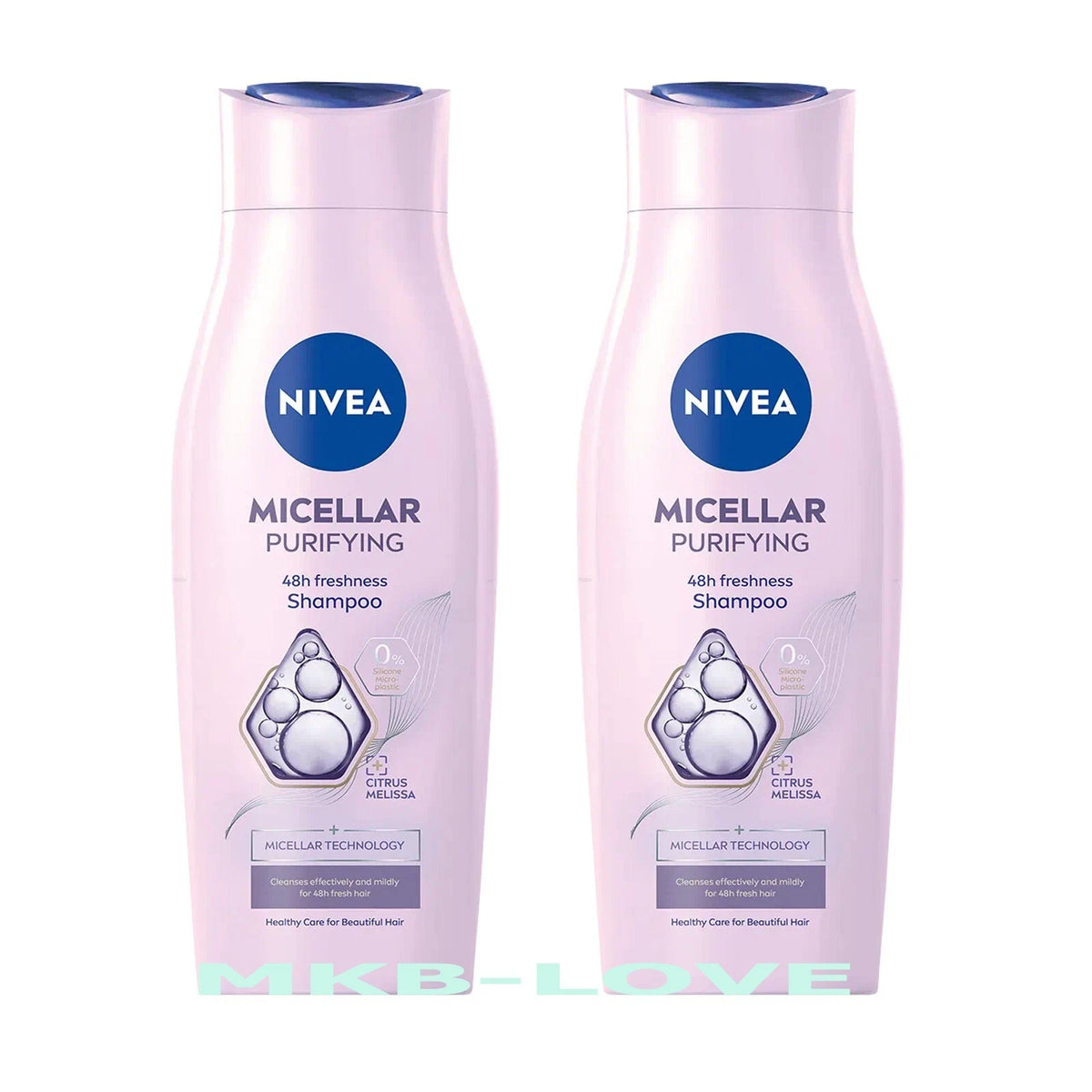 Two bottles of Nivea Micellar Purifying Shampoo on a white background