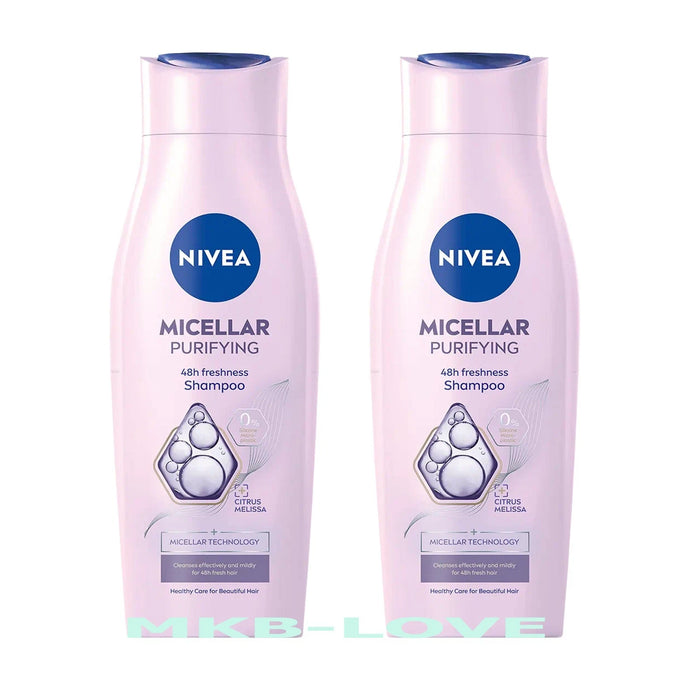 Two bottles of Nivea Micellar Purifying Shampoo on a white background