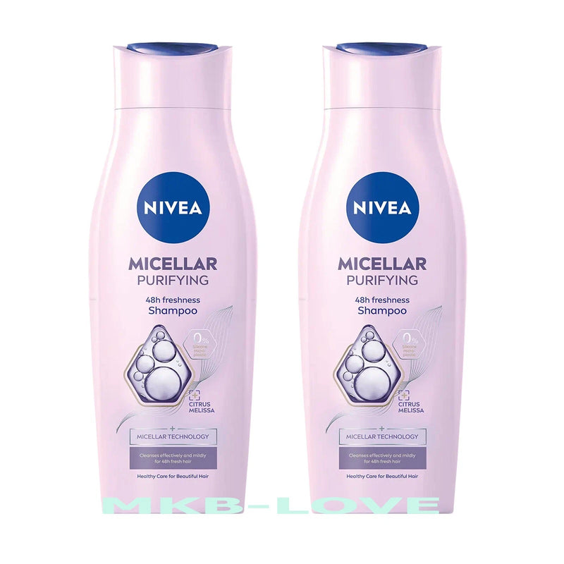 Two bottles of Nivea Micellar Purifying Shampoo on a white background