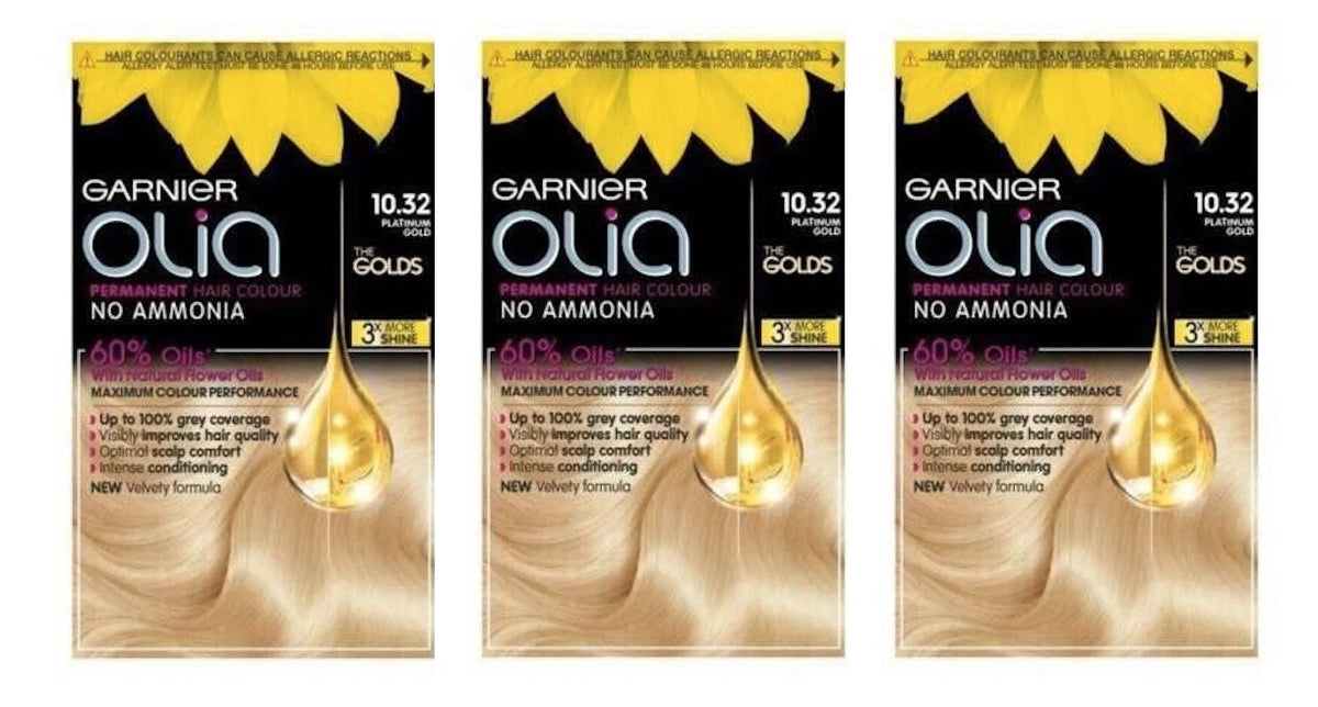 Three packages of Garnier Olia hair color with gold packaging.