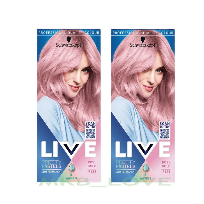 Two packages of Schwarzkopf Live Pretty Pastels hair dye with a woman with pink hair on a white background.