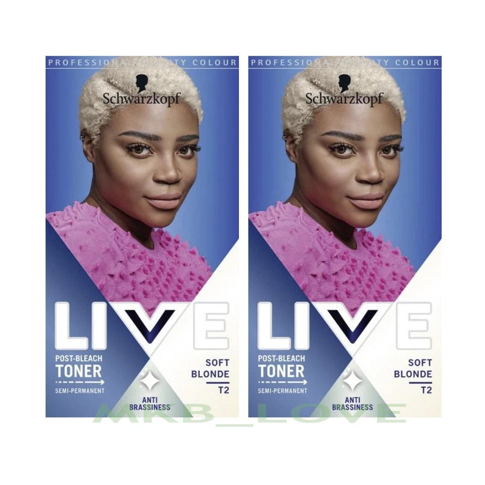 Two packages of Schwarzkopf Live Post-Bleach Toner for soft blonde hair on a white background.