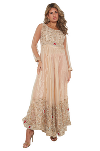 Gold maxi dress in net with zari embellishment