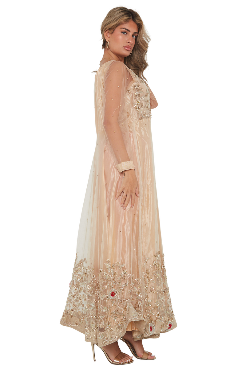 Gold maxi dress in net with zari embellishment