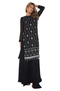 Black long top kurta kameez with silver sequins and beads