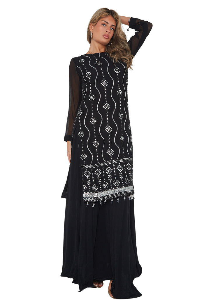 Black long top kurta kameez with silver sequins and beads