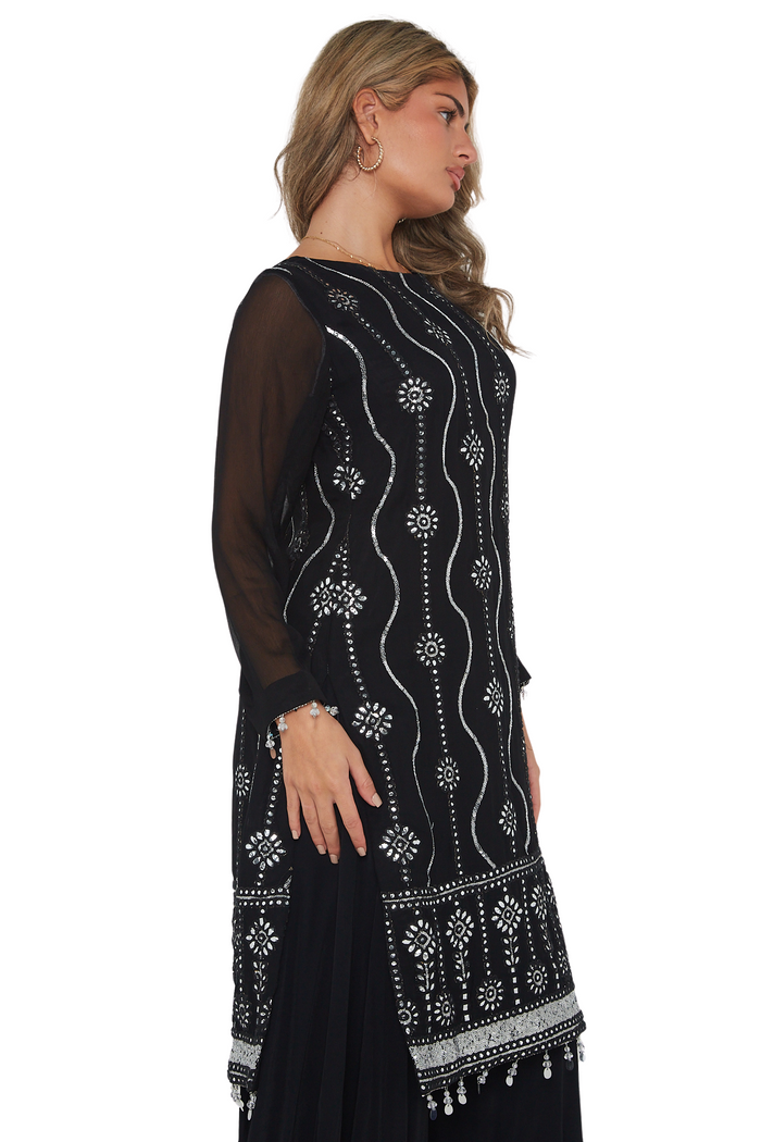 Black long top kurta kameez with silver sequins and beads