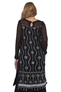 Black long top kurta kameez with silver sequins and beads