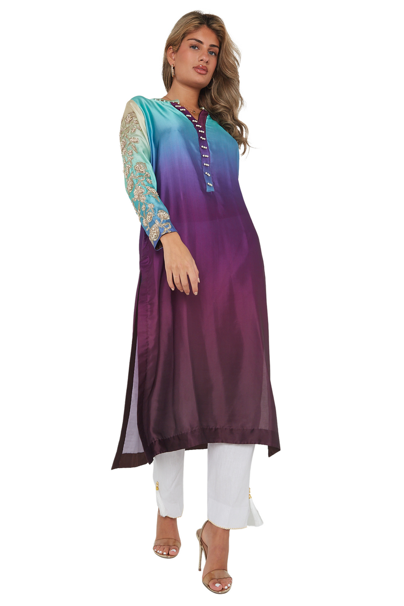 Purple multi Coloured long silky kurta kameez top