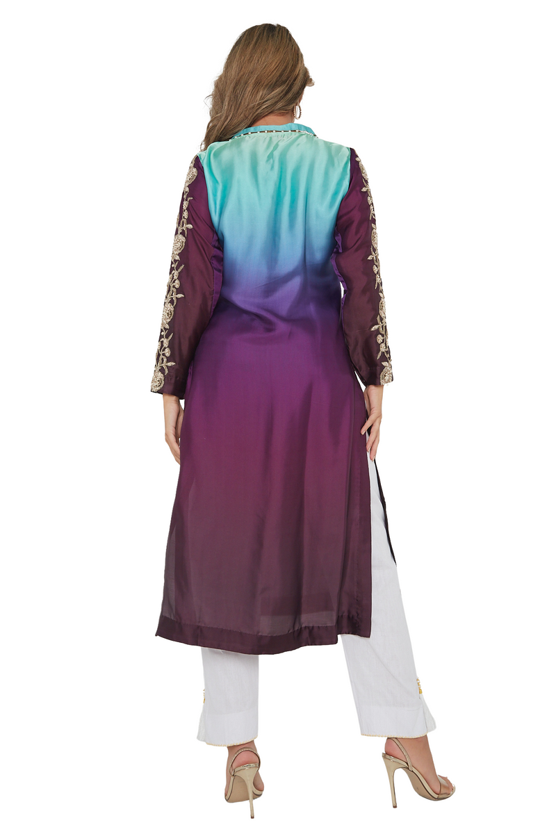 Purple multi Coloured long silky kurta kameez top