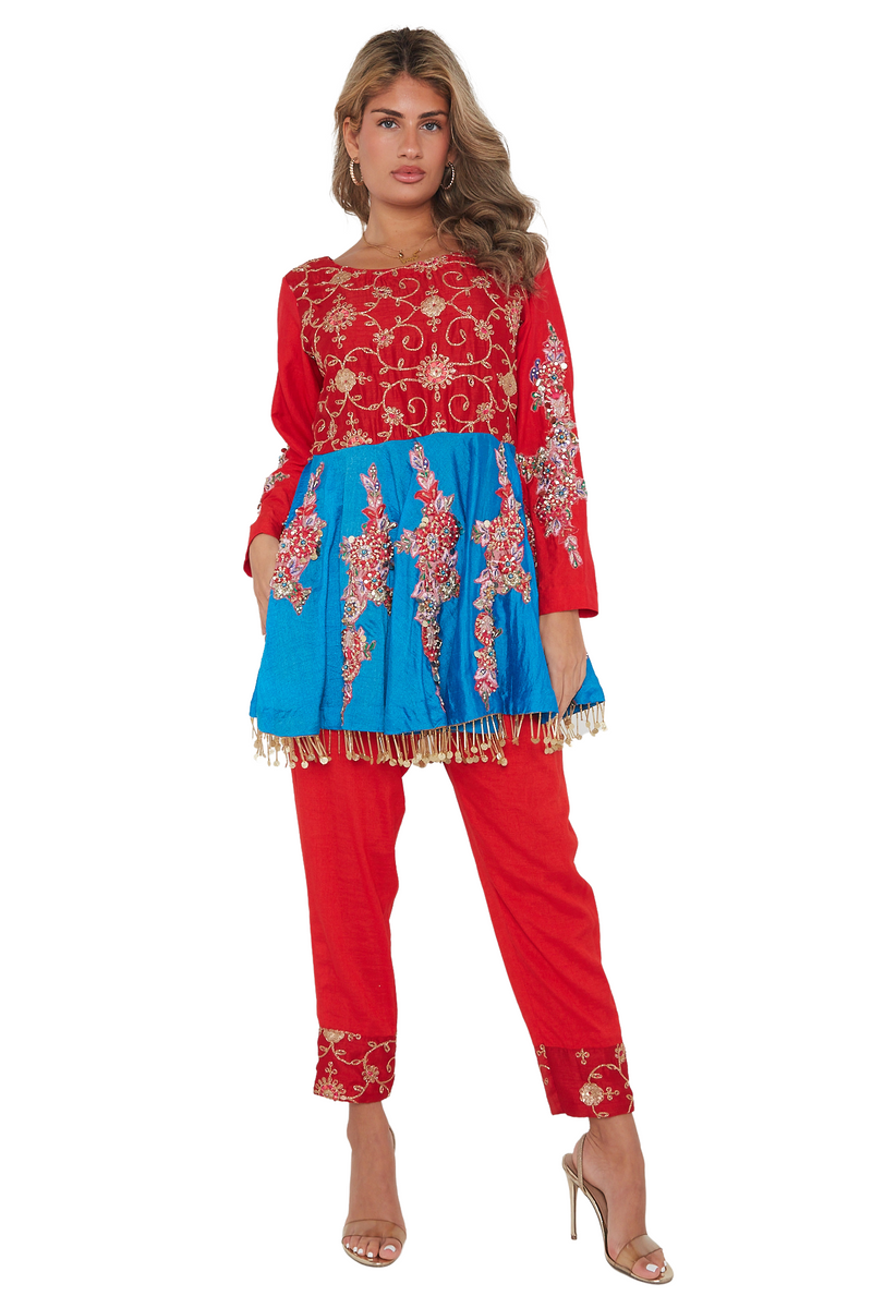 Red and Blue vibrant peplum dress