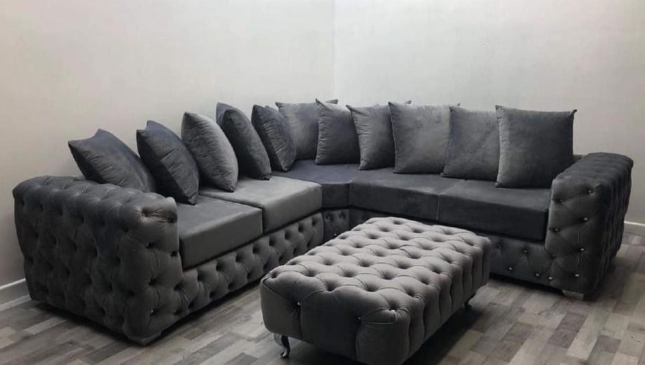 Ashton Chesterfield 5 Seater Corner Couch Grey Plush Velvet Sofa