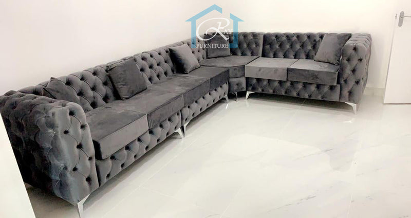 Ashton Jumbo Luxury Full Chesterfield 7 Seater Large Corner Couch Grey Plush Sofa